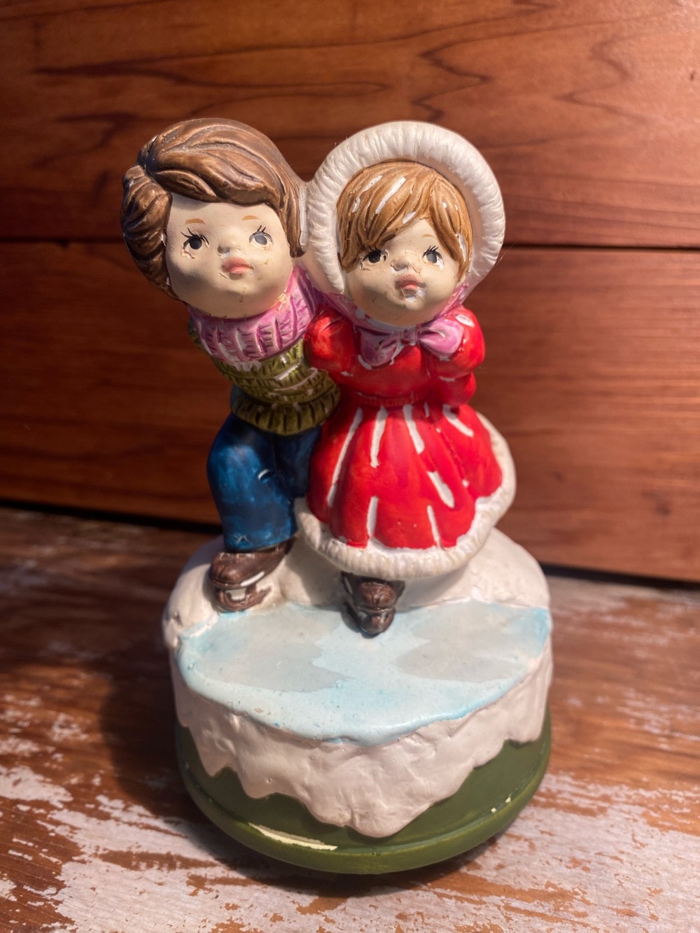 Vintage Schmid Japan Ice Skating Children Music Box Boy Girl Winter Figurine